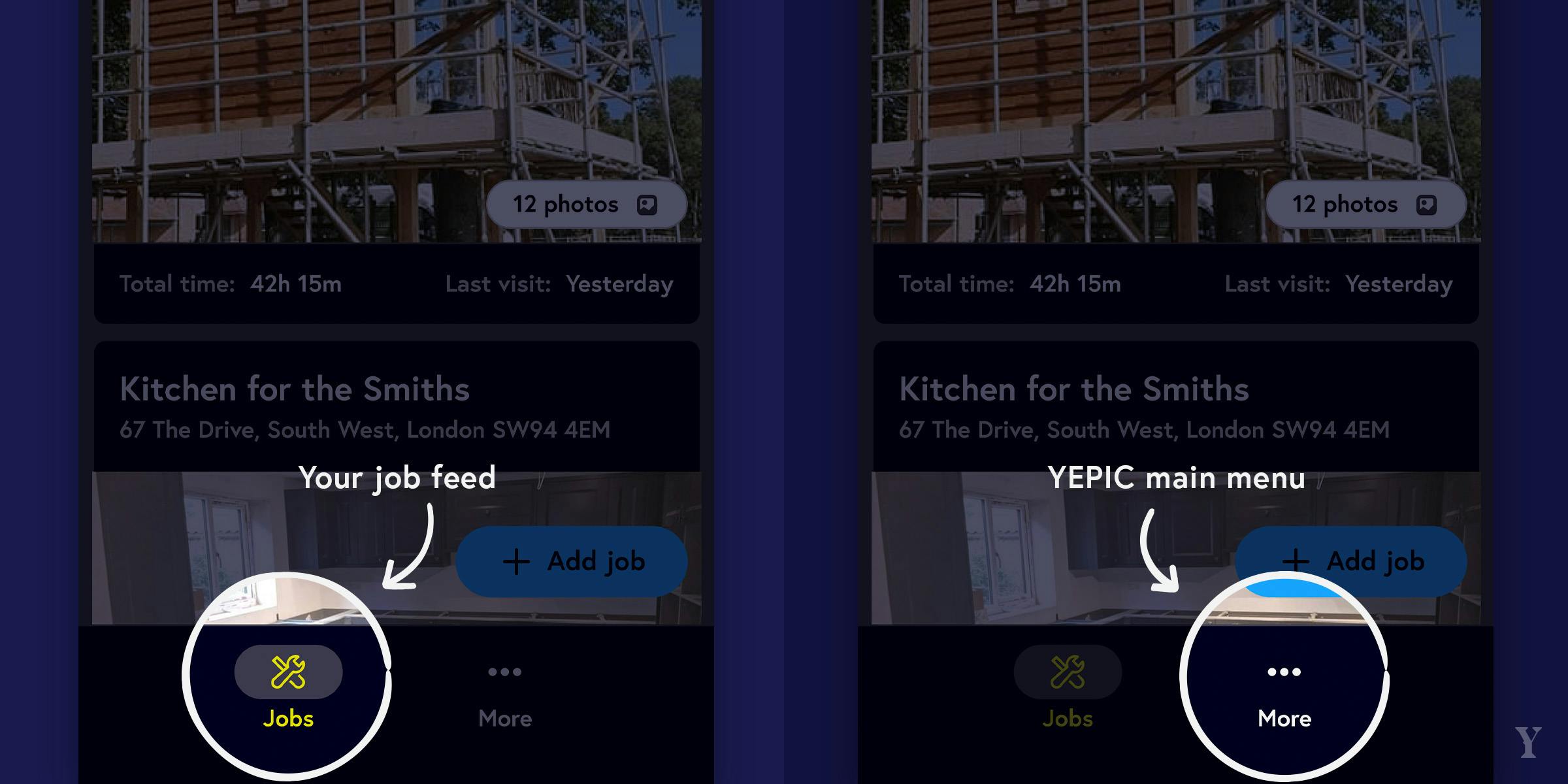 'Jobs' and 'more' icon in main navigation.