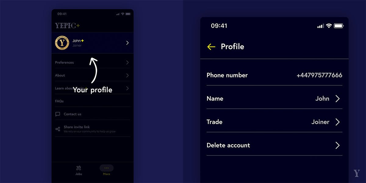 Profile area inside menu highlighted.