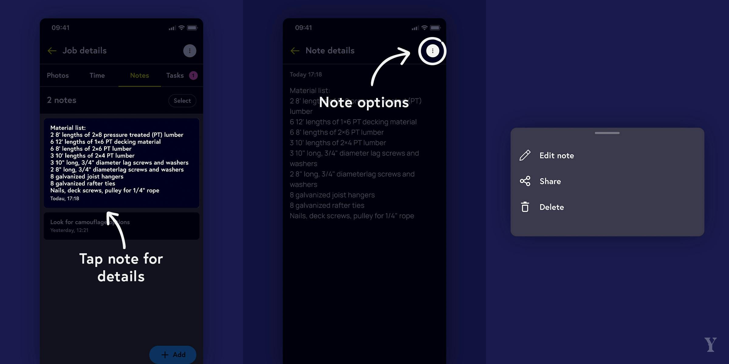 Selecting a note and instructions to see more options.