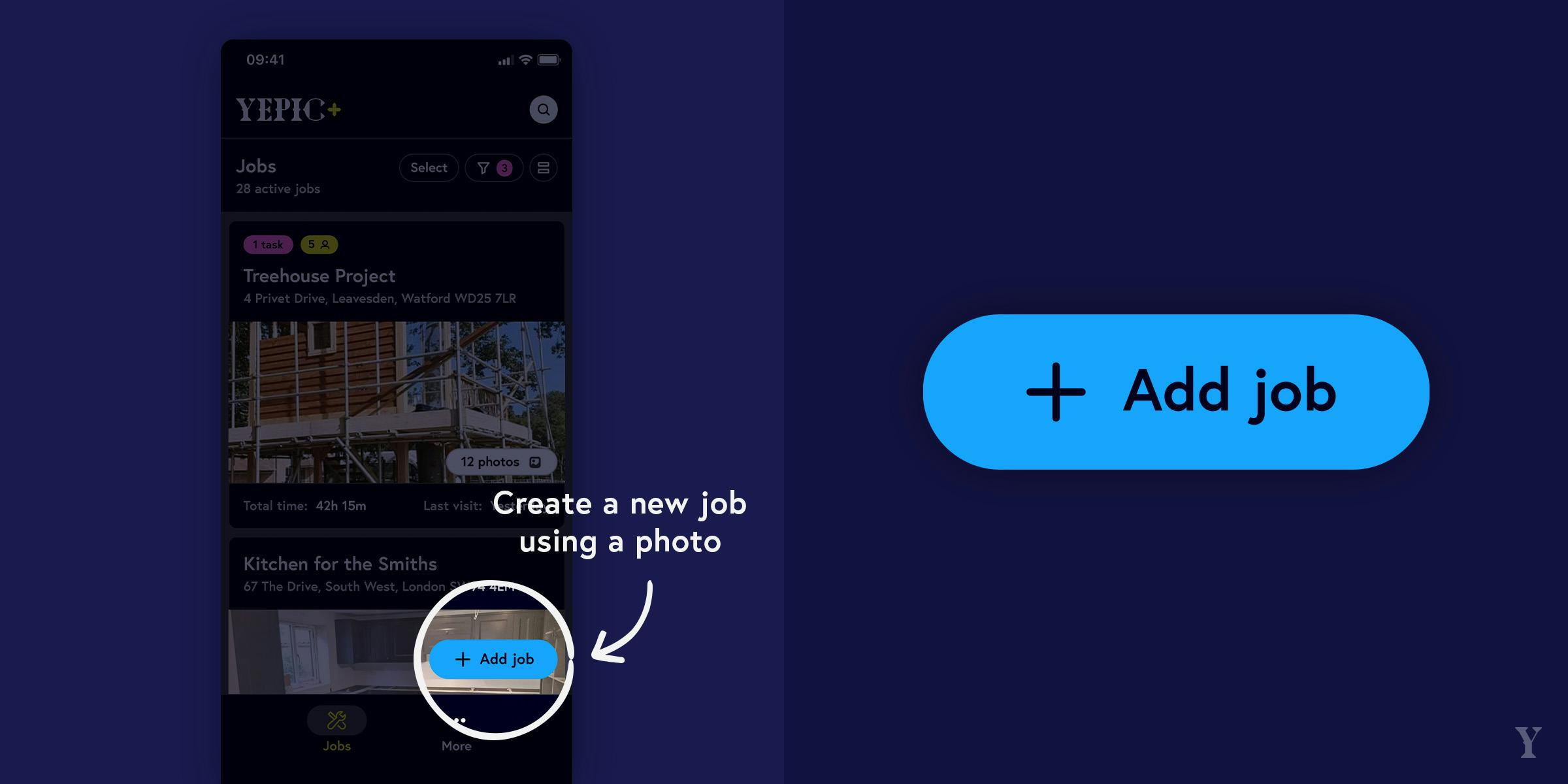 'Add job' button in app highlighted.