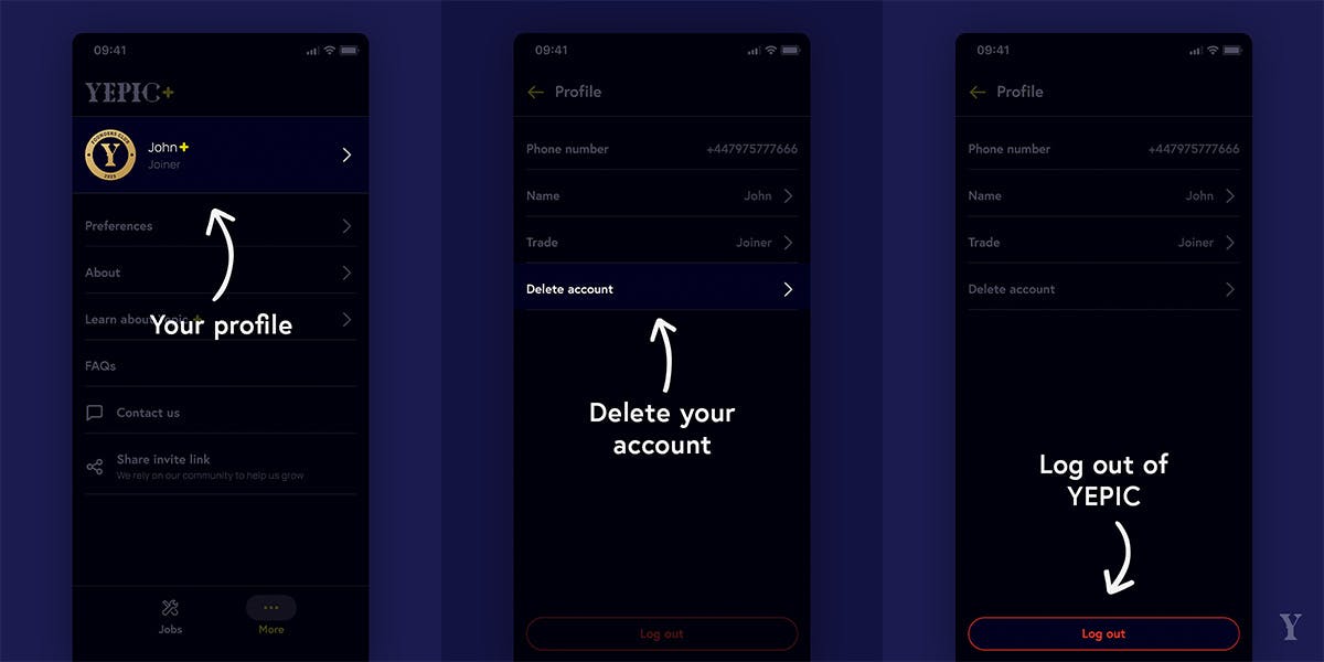 Instructions on how to log out and delete your account.