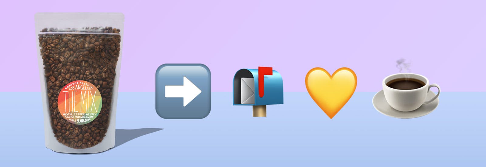 a bag of Yes Plz coffee with a right arrow emoji pointing at a mailbox emoji and a yellow heart emoji
