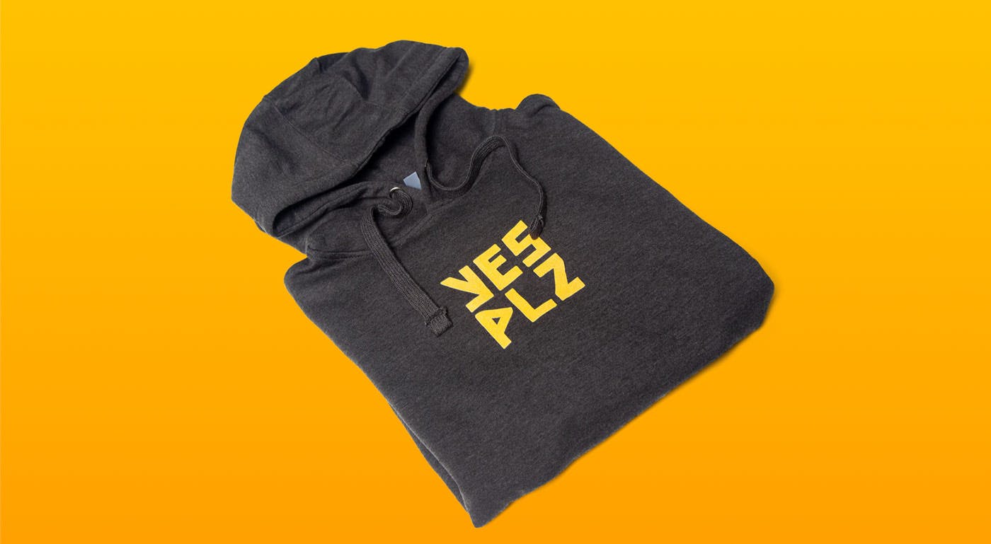 A YES PLZ Coffee hoodie, yellow logo on weathered grey