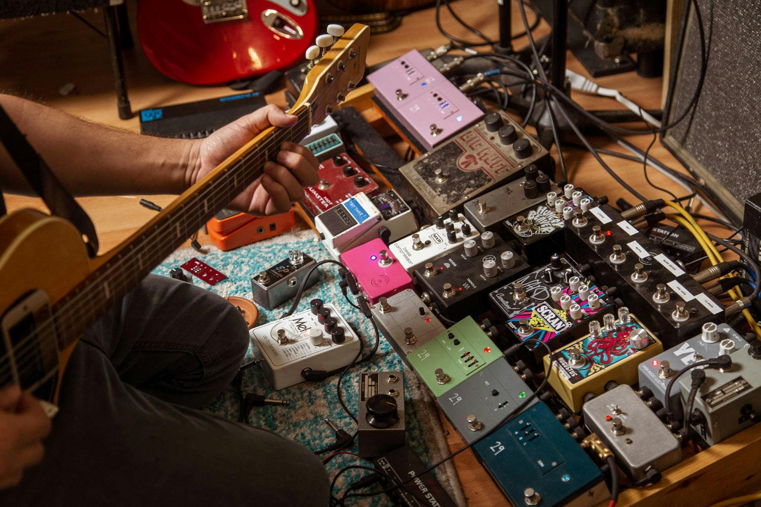an assortment of guitar pedals arrayed at Jesse Honig of Believable Audio's studio