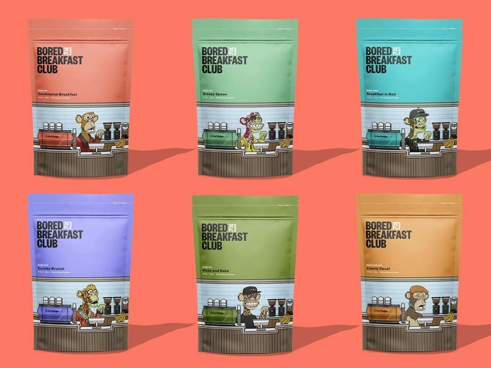 bags of the Bored Breakfast Club coffee blends roasted by YES PLZ