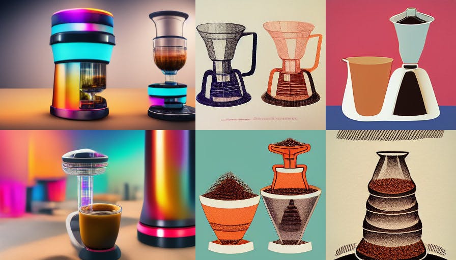 Midjourney AI image of coffee brewing devices artistically rendered