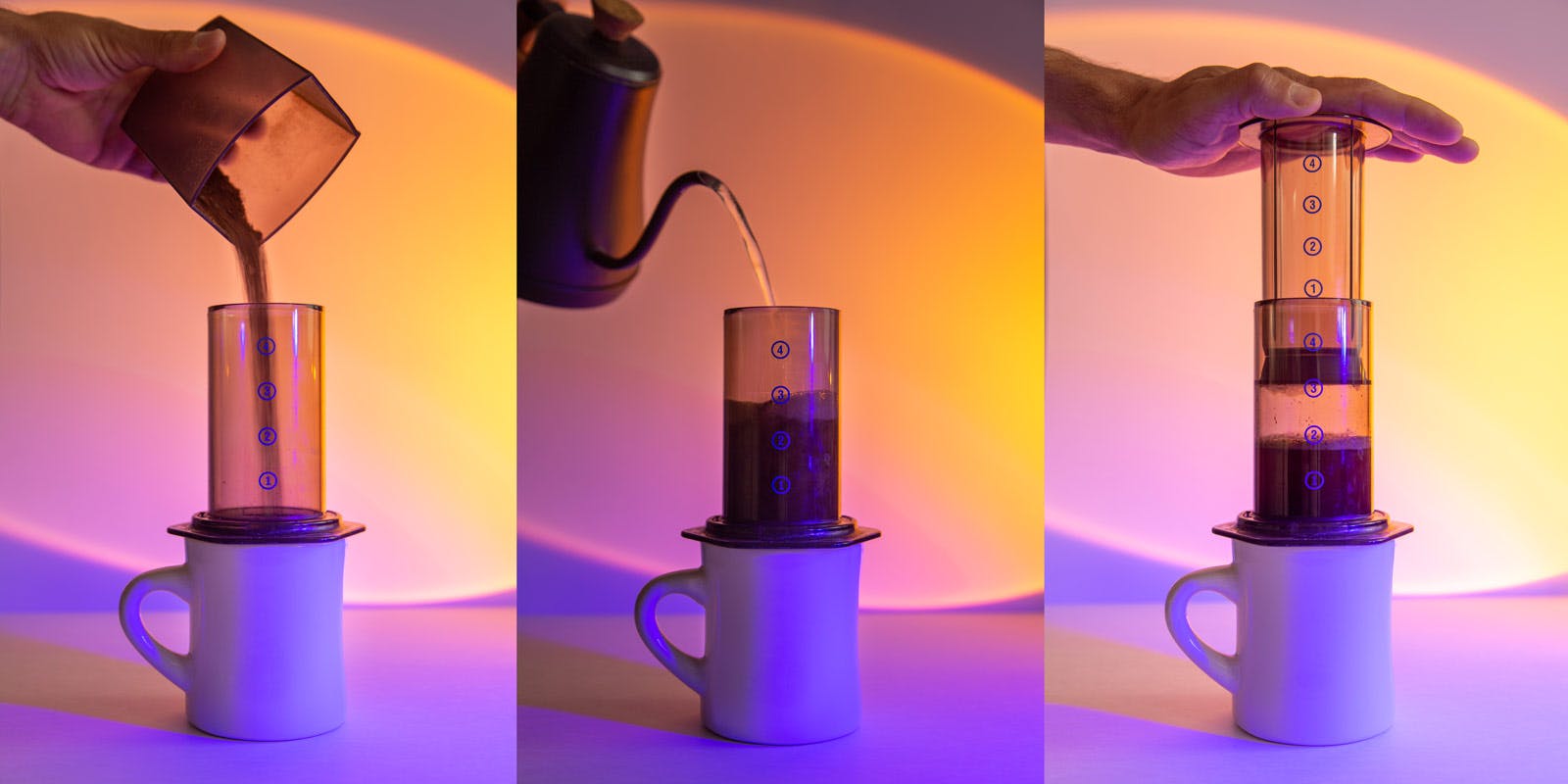 three images of an AeroPress coffee maker 