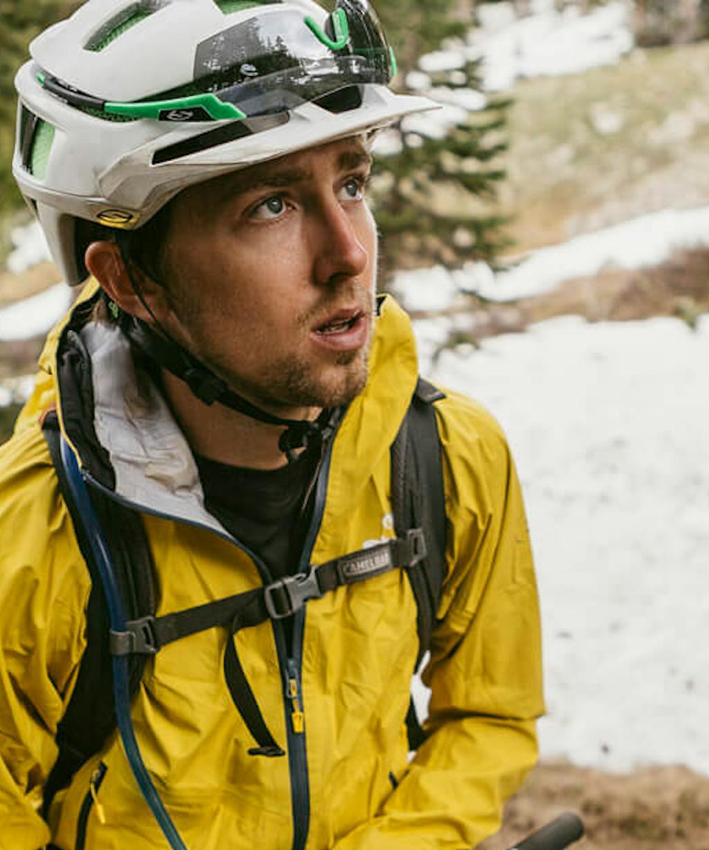 Sam Seward looks ahead towards the snow covered trail