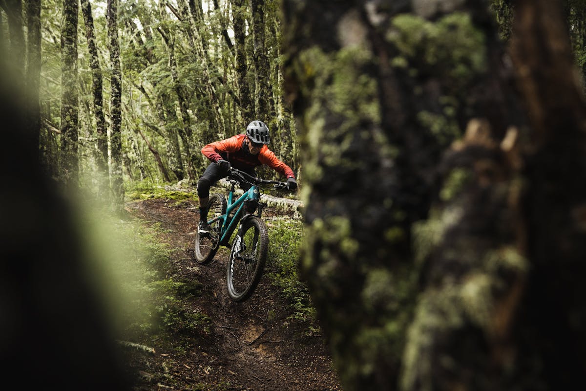 Tom Sampson riding through a moss covered forest.