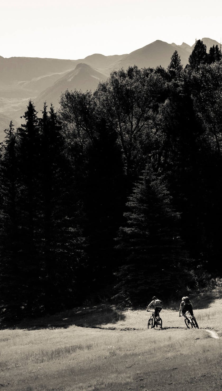 Two riders descending into the dark trees