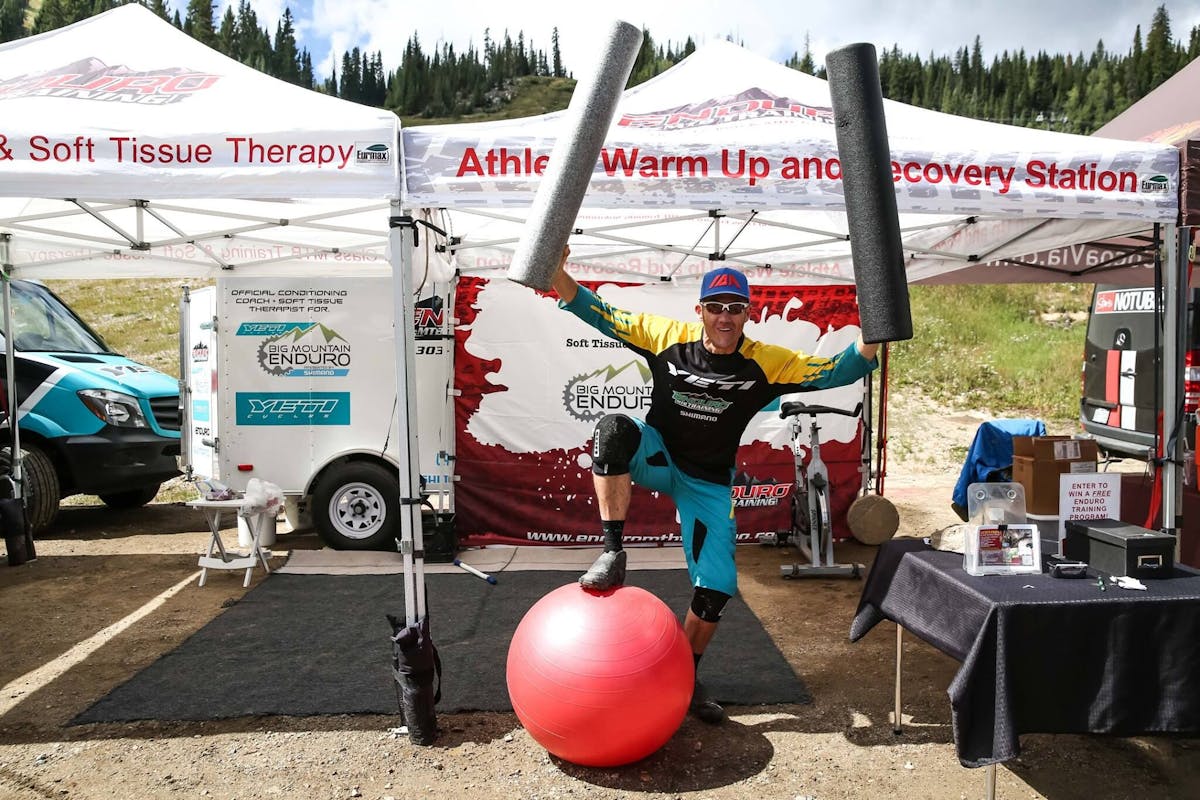 Dee Tidwell showing his energy under his Enduro MTB Training tent