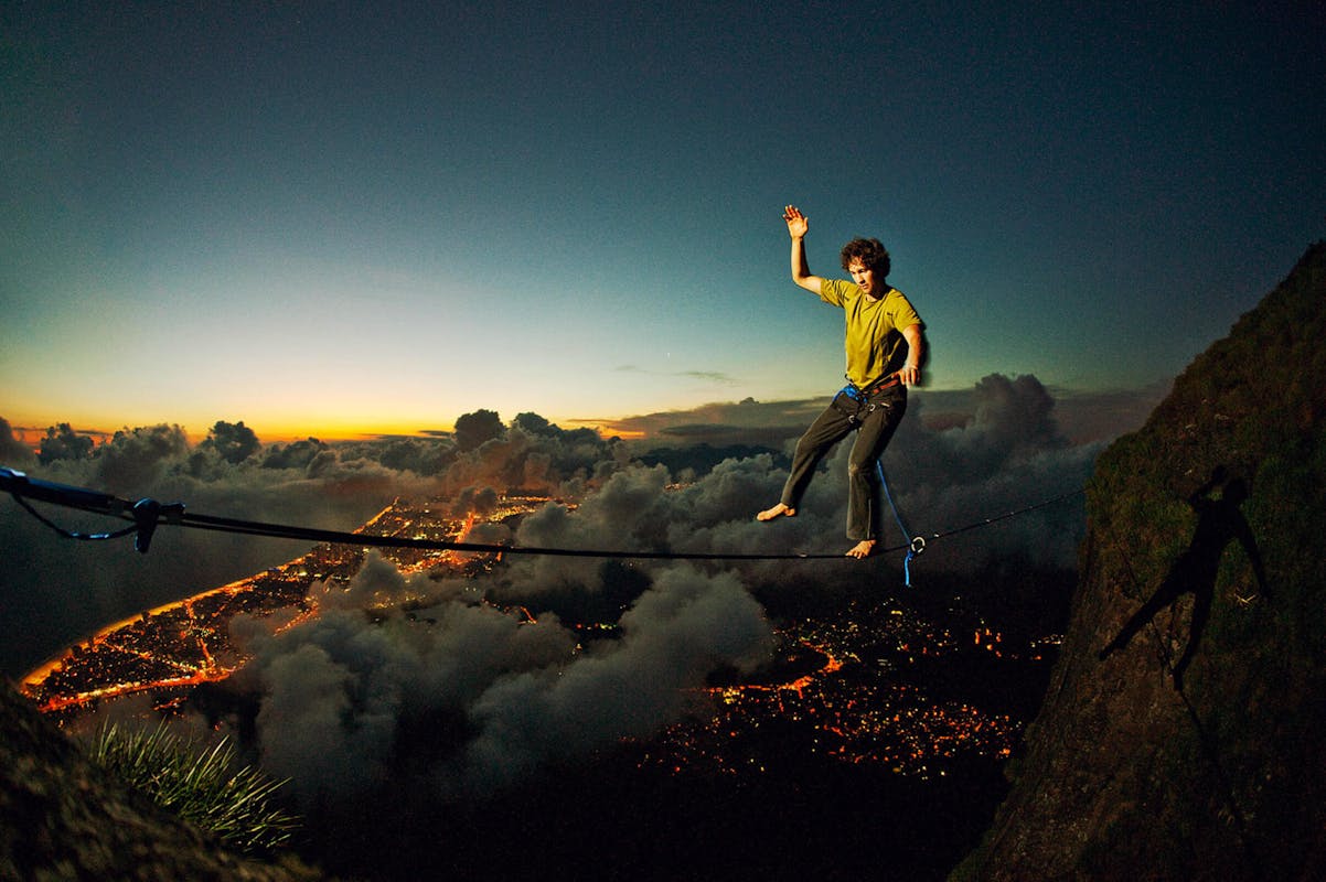 Renan Ozturk walking a slack line