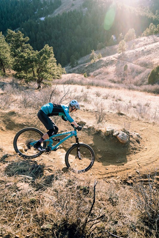 Tom Sampson riding a tight switchback at Apex Park