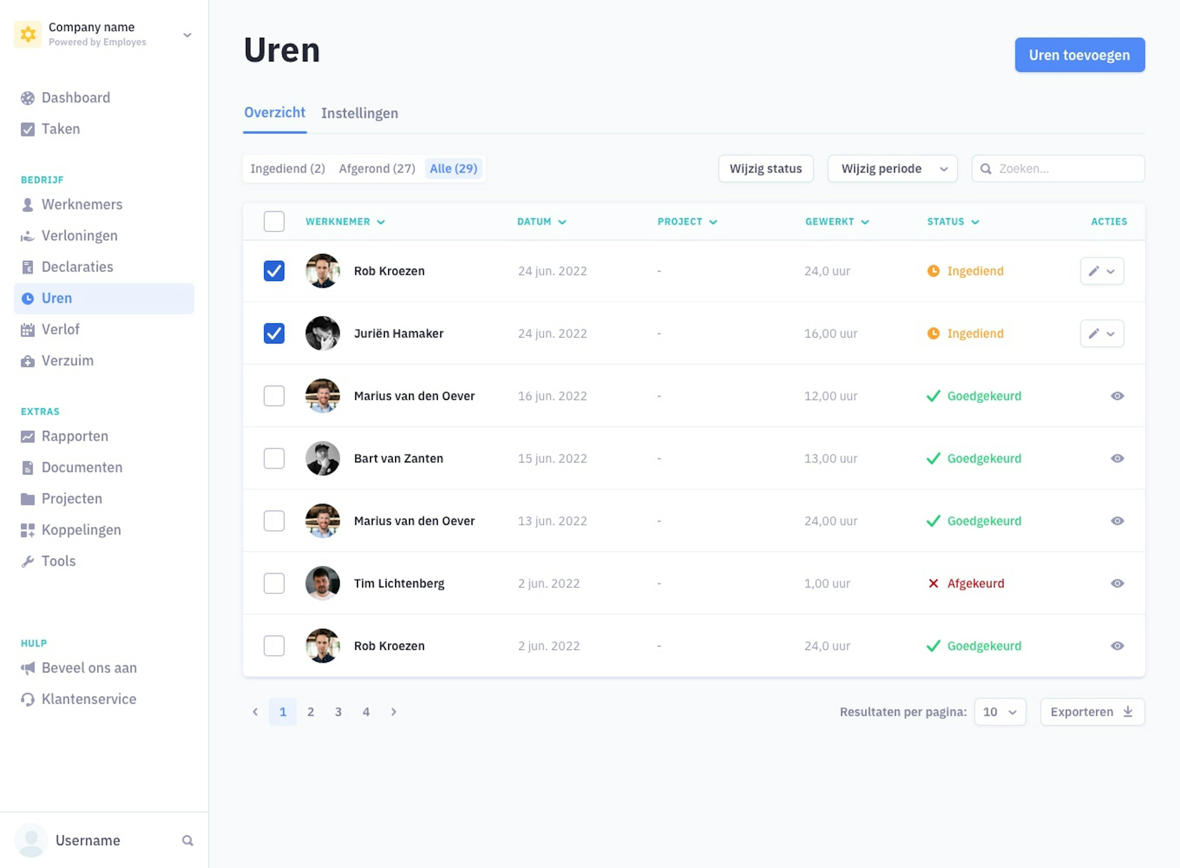 Uren overzicht weergave