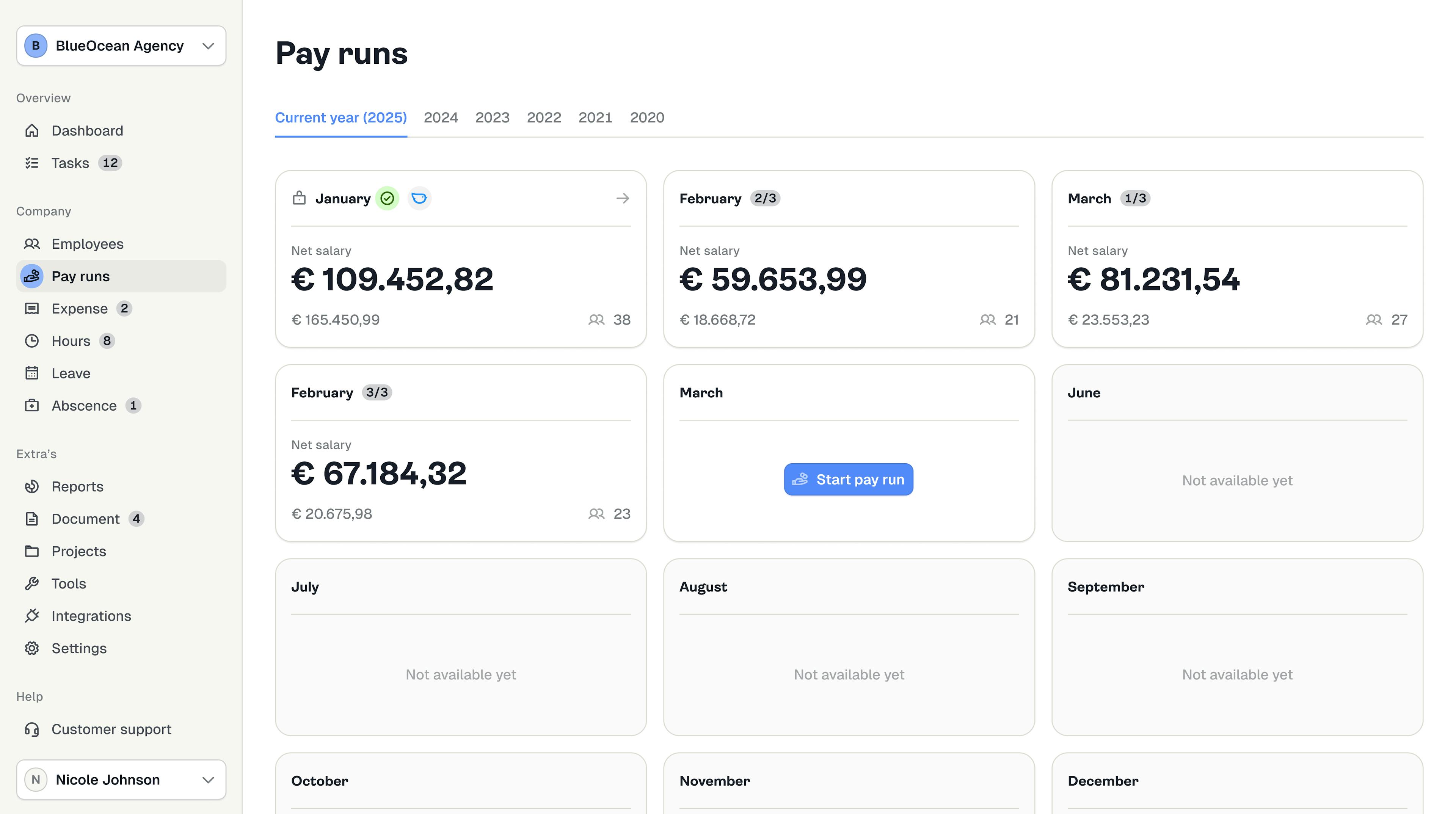 Dashboard overview of pay runs