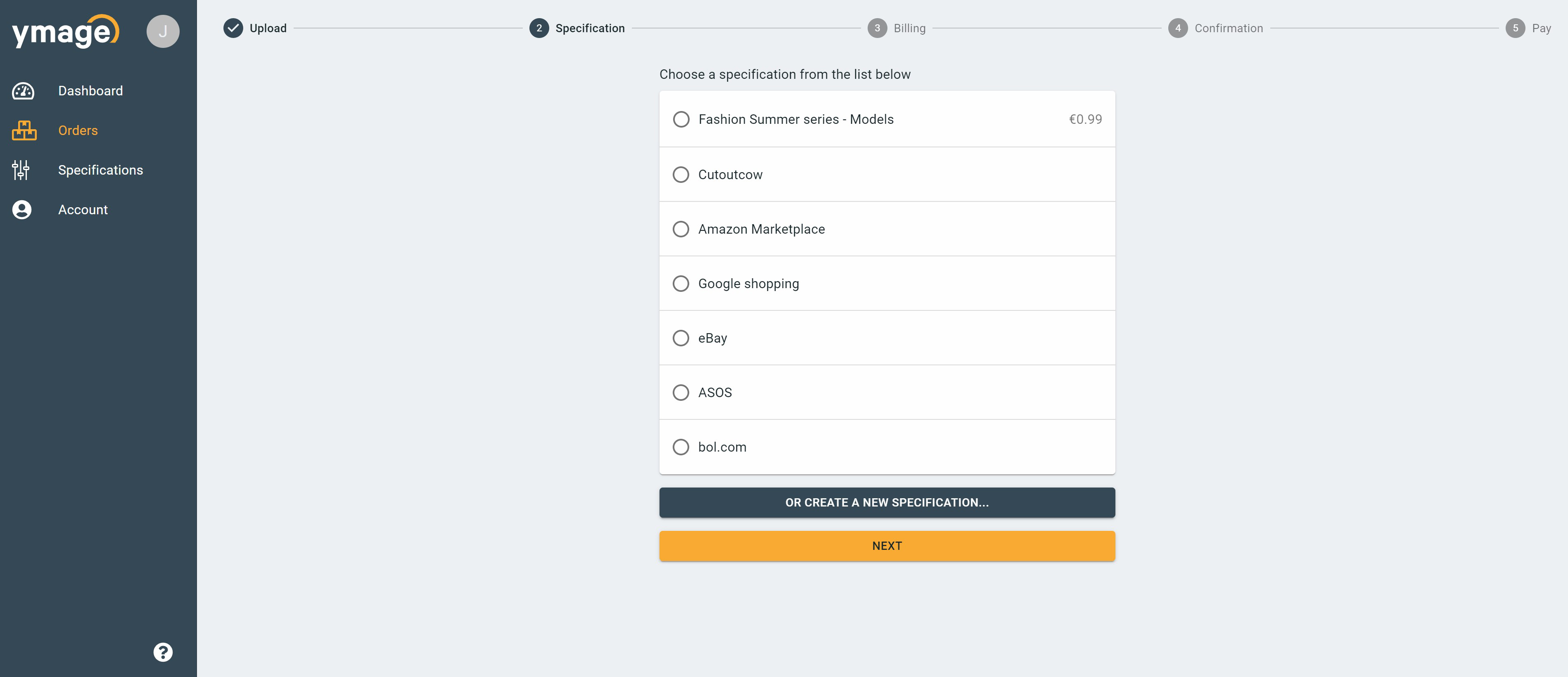 choose specification page
