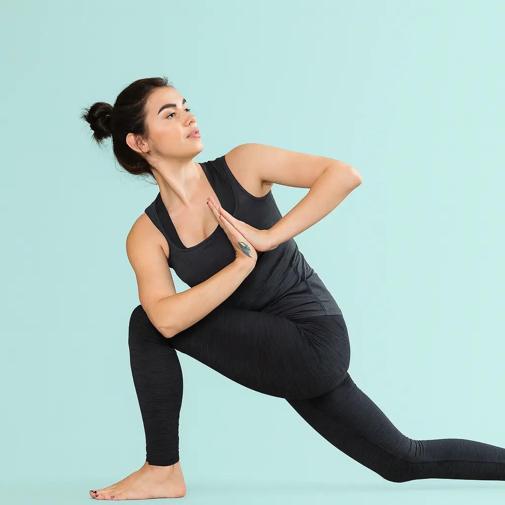 Person demonstrating Revolved Side Angle Pose in the lengthen and hold phase, showing proper twisted lunge position with hands at heart center against mint green backdrop