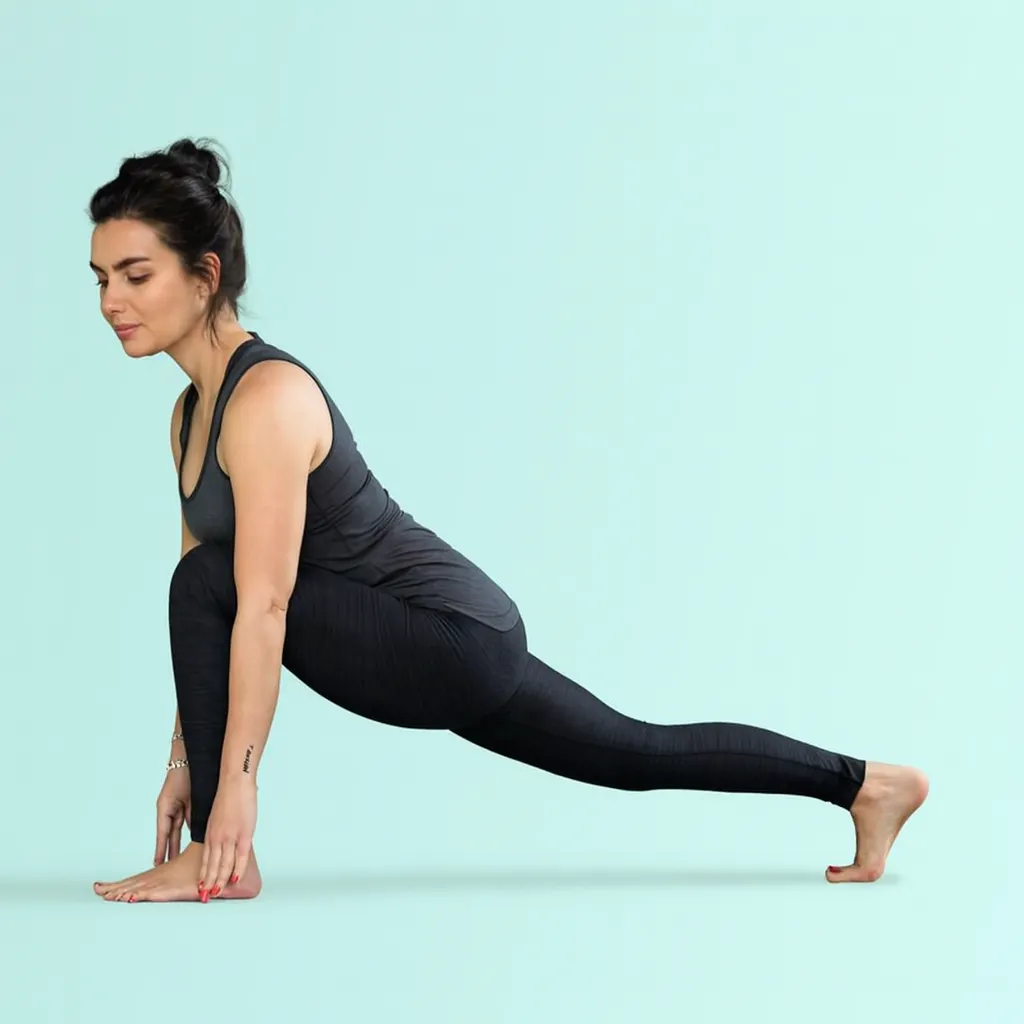 Person demonstrating the foundational lunge position for Revolved Side Angle Pose with right foot forward, left heel lifted, and hands positioned for support in a yoga studio setting