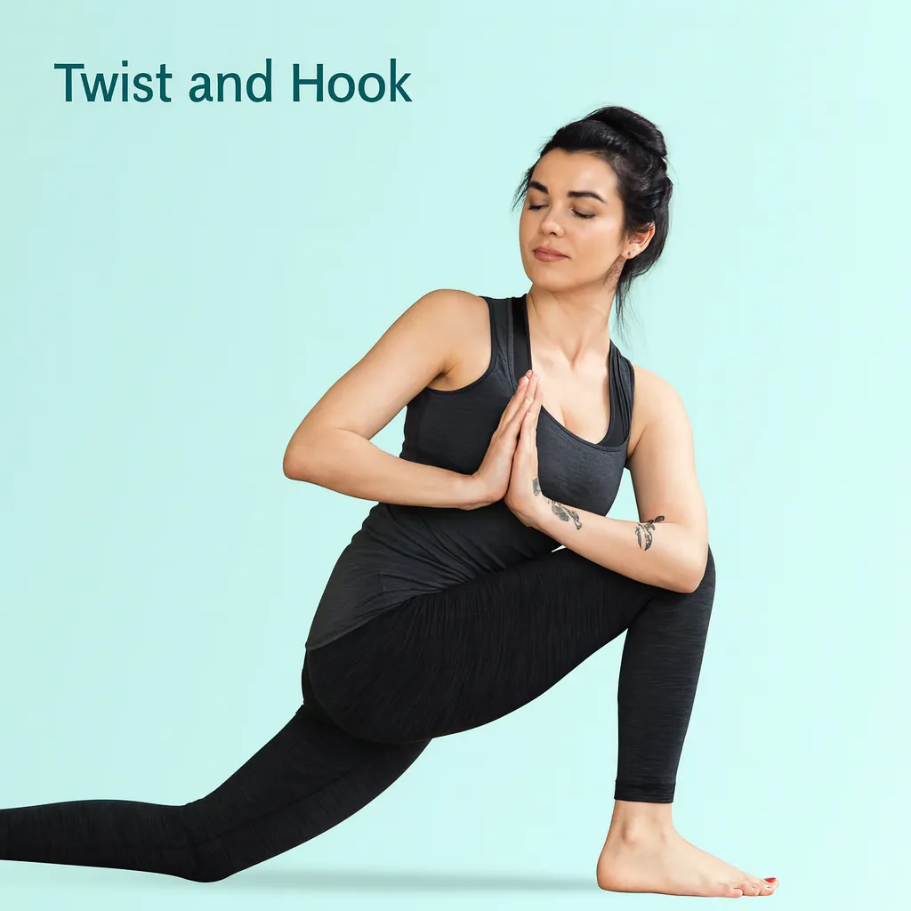 Person demonstrating the twist and hook step of revolved side angle yoga pose with hands at heart center and left elbow hooked outside right knee in a lunge position