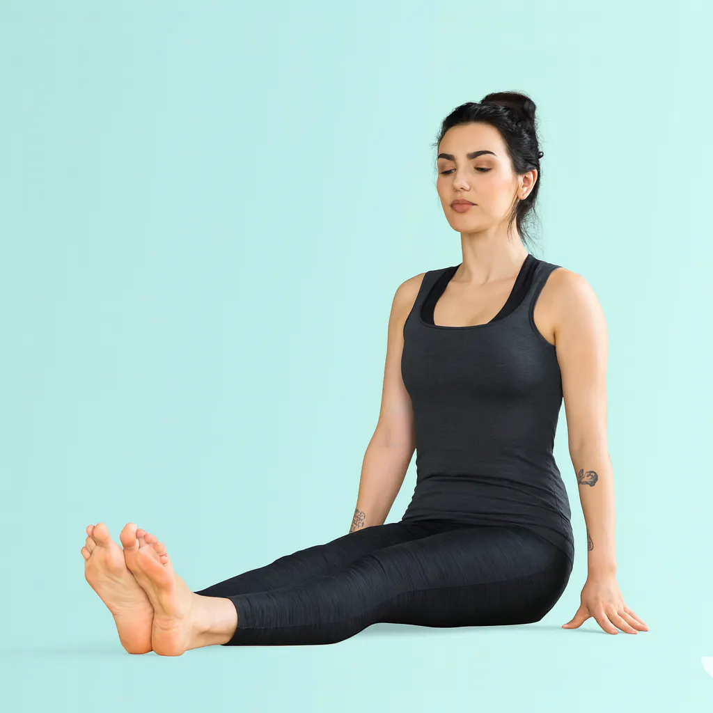 Person demonstrating Staff Pose yoga position seated with legs extended straight forward and spine upright on mint green background