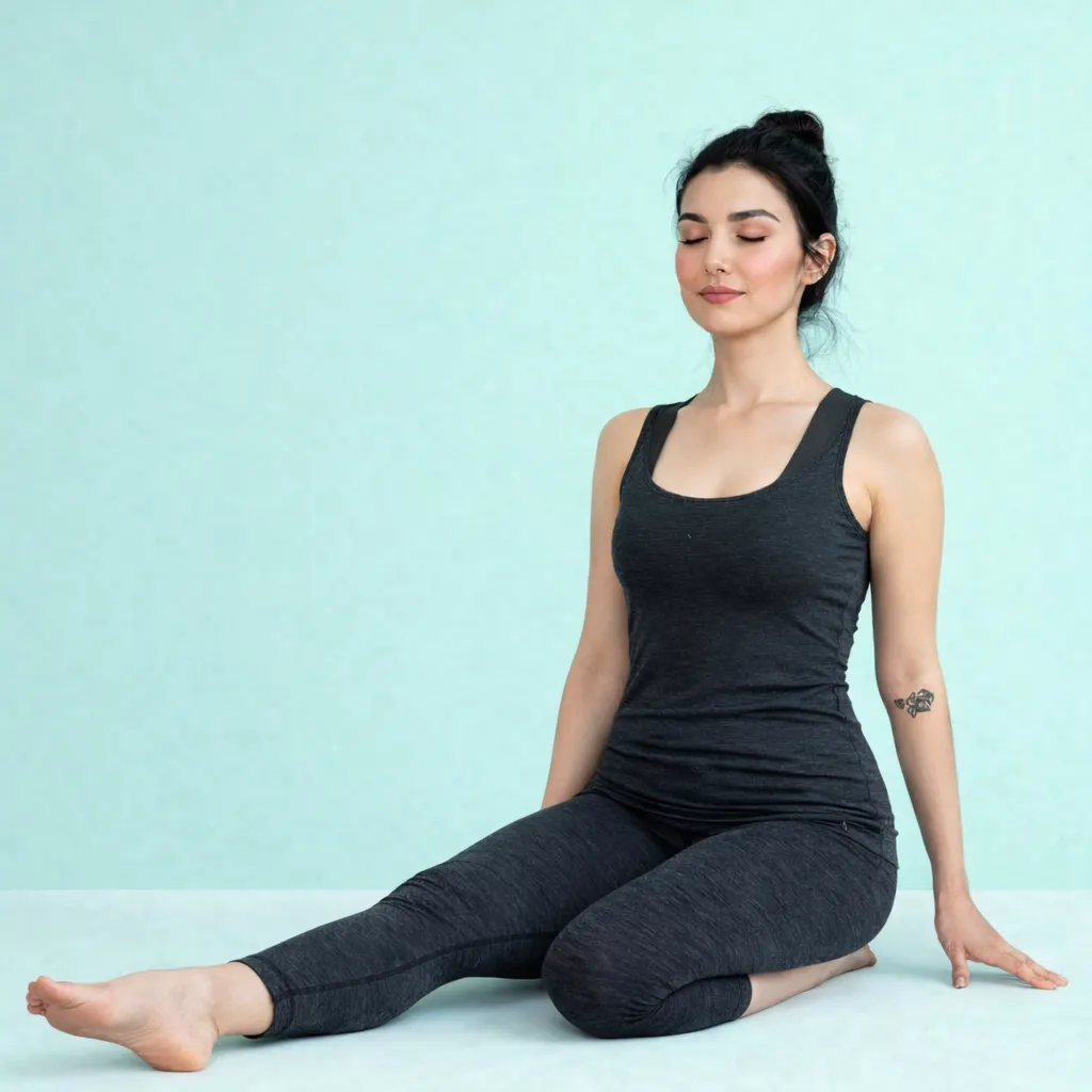 A woman sits in a yoga pose on a light-colored surface, wearing a fitted dark gray tank top and leggings. She has her eyes closed, exuding a sense of calm and focus against a soft blue-green background.