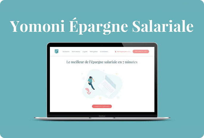 Mockup d'un ordinateur montrant l'essai d'épargne salariale Yomoni.