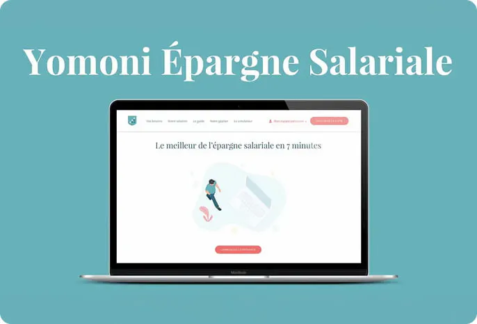 Mockup d'un ordinateur montrant l'essai d'épargne salariale Yomoni.