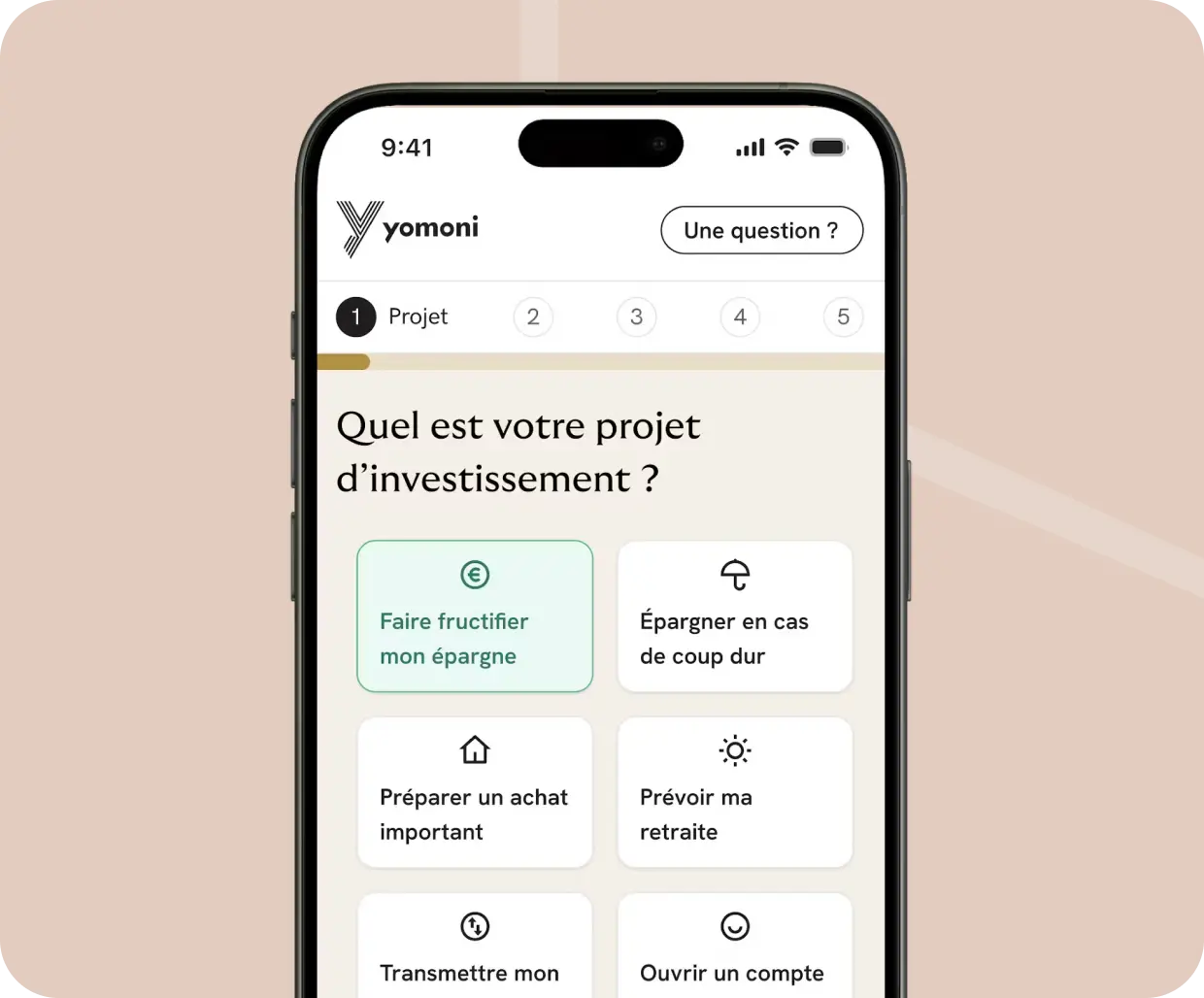 Sélection d'un projet d'investissement sur l'application mobile Yomoni