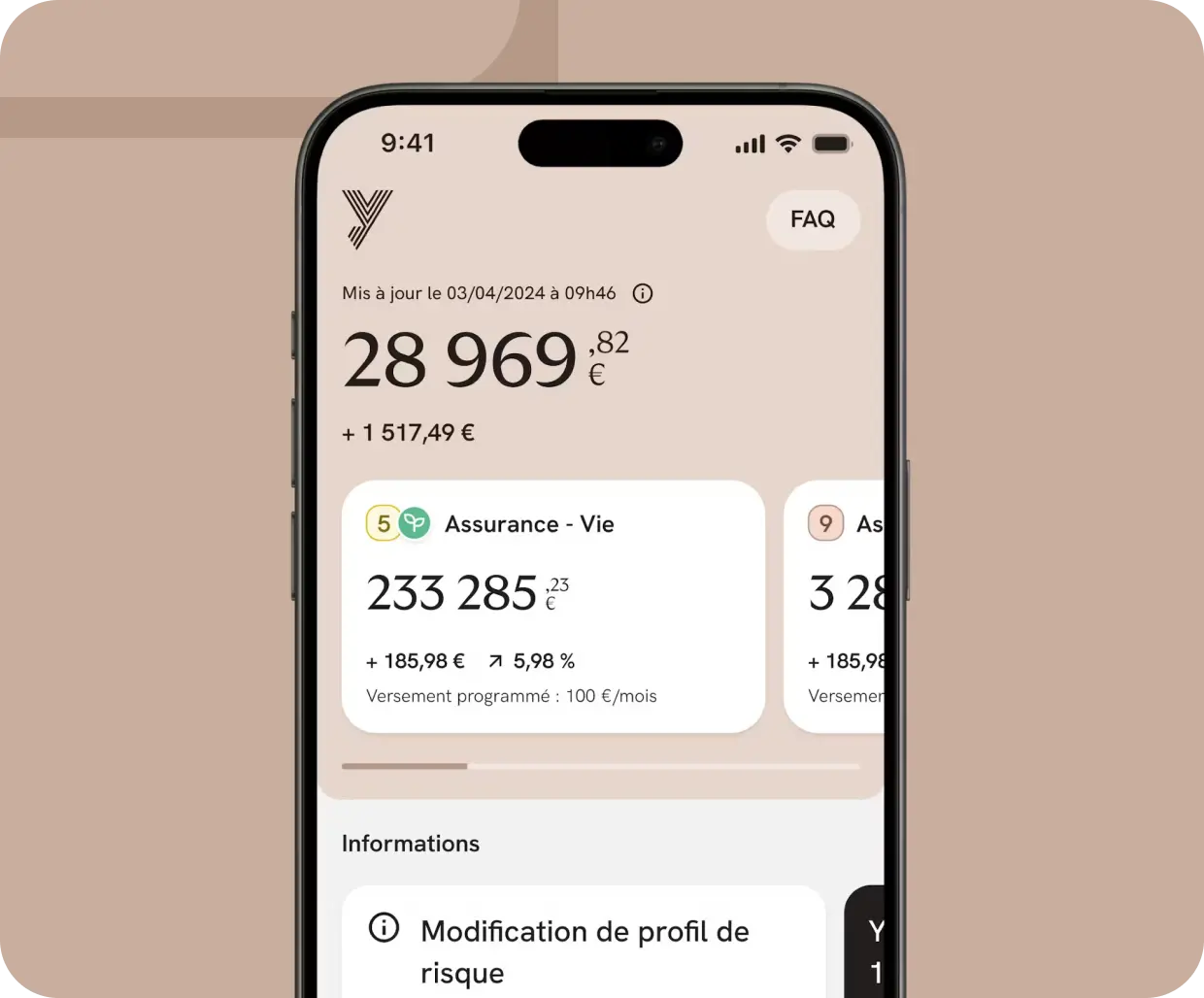 Page d'accueil du compte client sur l'application mobile Yomoni