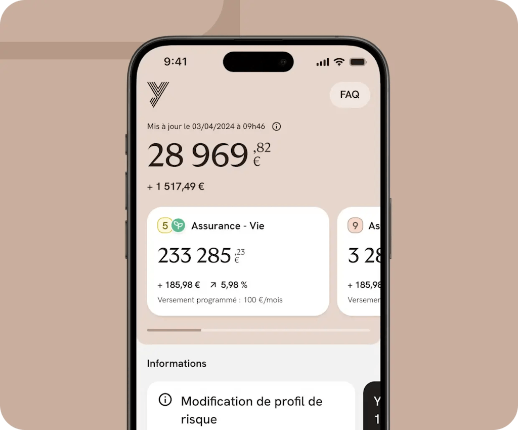 Page d'accueil du compte client sur l'application mobile Yomoni