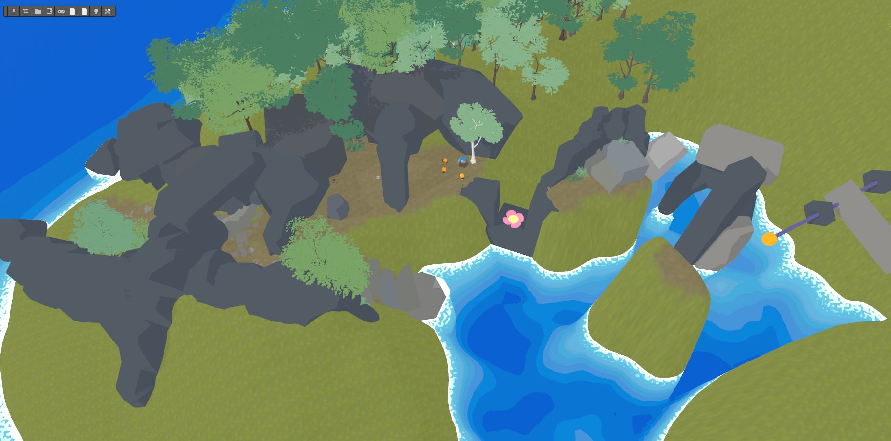 A level featuring grassy, rocky terrain and a lake. The shapes are stylized and simplified.
