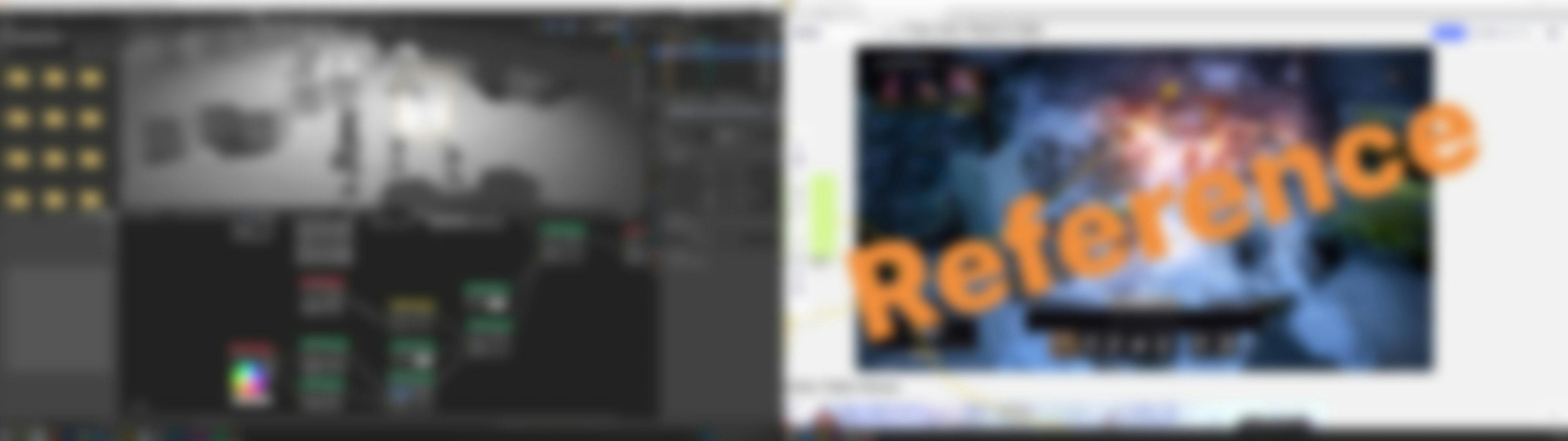 A blurred image of a 3D software and visual references