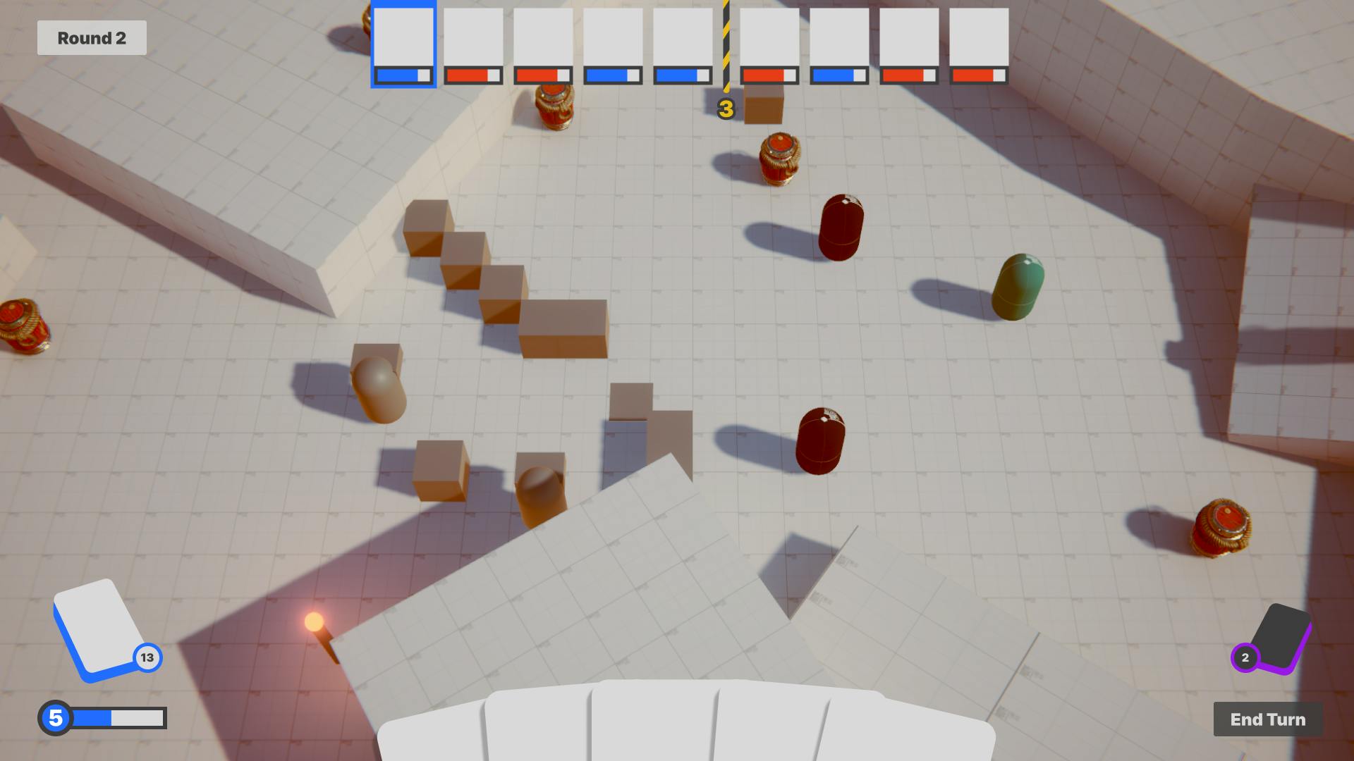 A blocky game prototype showing capsules and some UI elements.