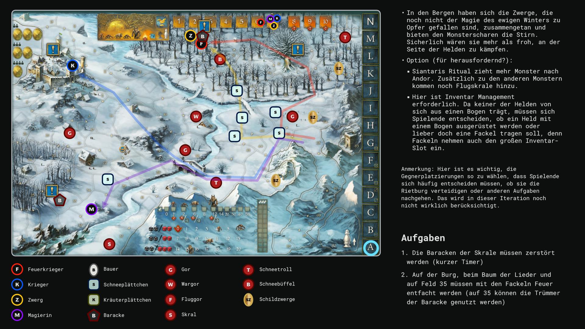 A slide showing part of a mission and possible movement actions in the board game Legends of Andor