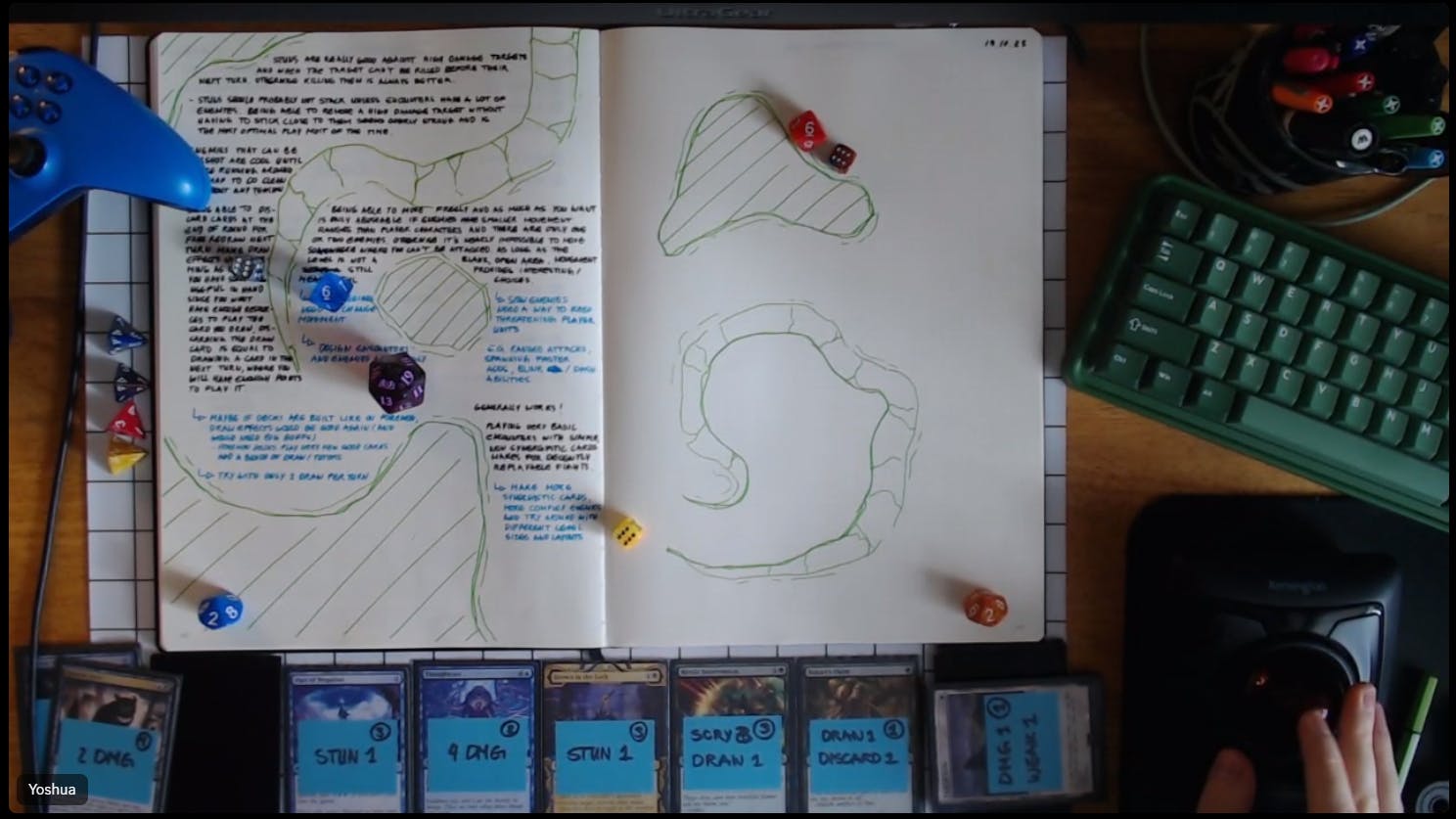 Screencap of a playtesting session showing the webcam view of a notebook mat featuring a level layout and dice