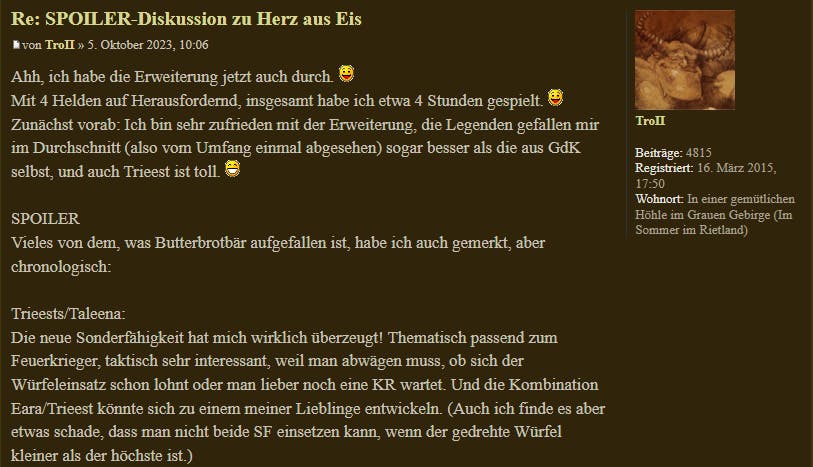 A forum entry in German praising the missions and new playable character
