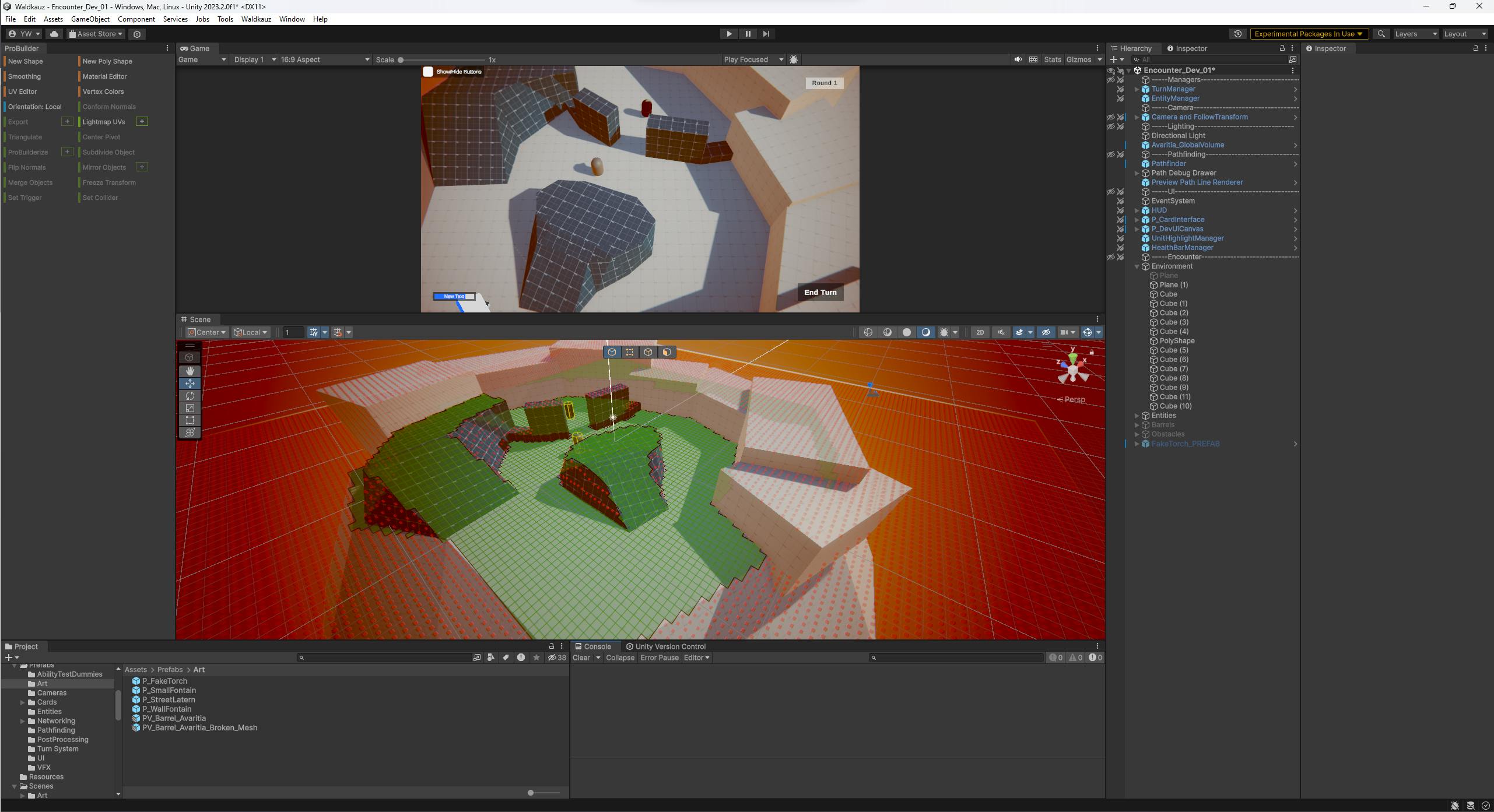 An in-engine screenshot of a game prototype. A green navmesh is overlayed on top of a 3D level blockout.