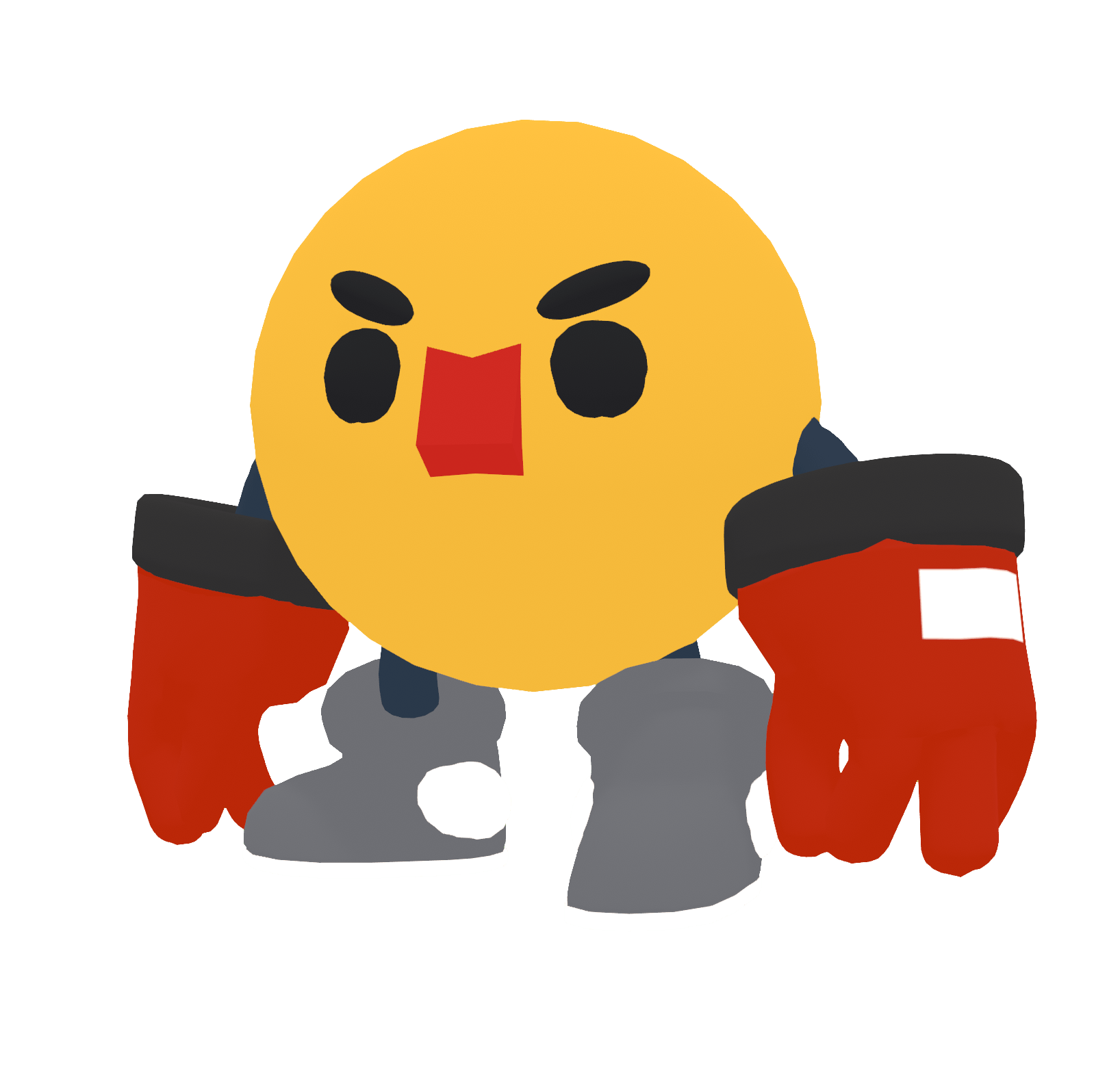 A ball shaped character with a big red nose, big red gloves and grey sneakers.