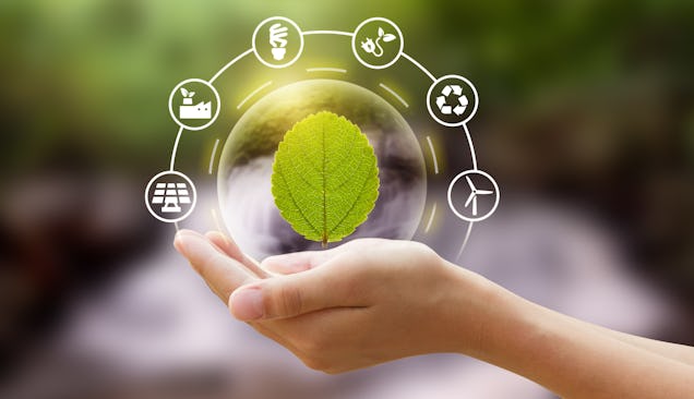 A hand holding a bubble with a leaf. Around the bubble are icons showing sustainability icons