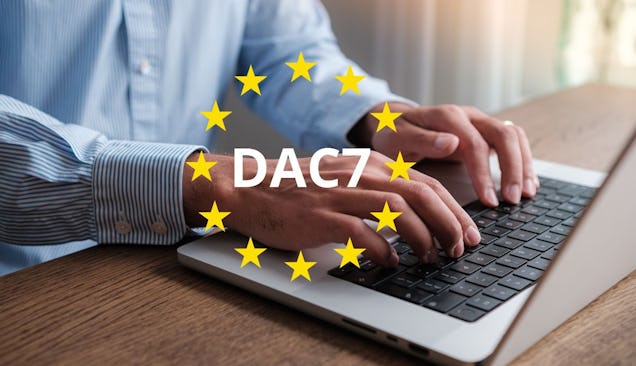 The picture shows the DAC7 acronym in the EU flag