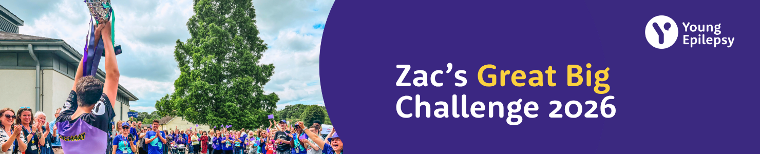 Zac's Great Big Challenge 2026 for Young Epilepsy, banner image with a photo of Zac raising a trophy over his head for a crowd.