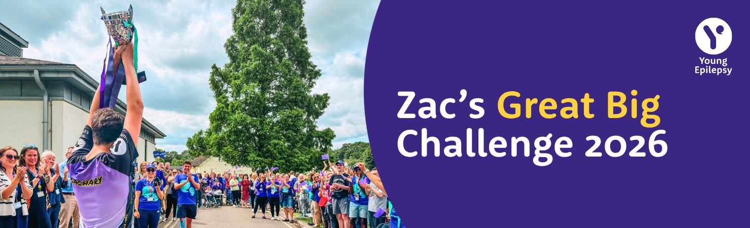 Zac's Great Big Challenge 2026 for Young Epilepsy, banner image with a photo of Zac raising a trophy over his head for a crowd.
