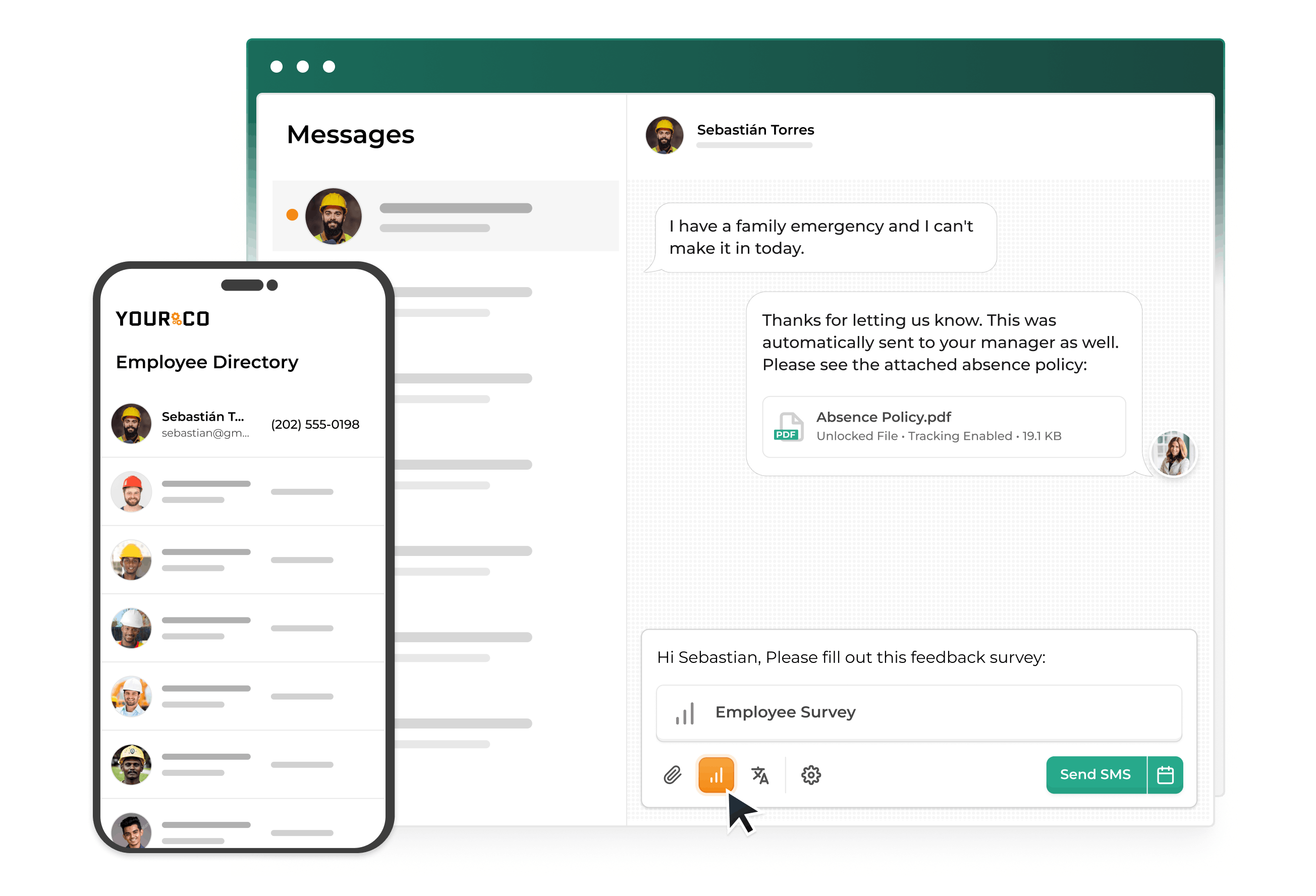 Yourco showing a mobile Employee Directory and an SMS chat where a manager shares the absence policy and sends an Employee Survey.