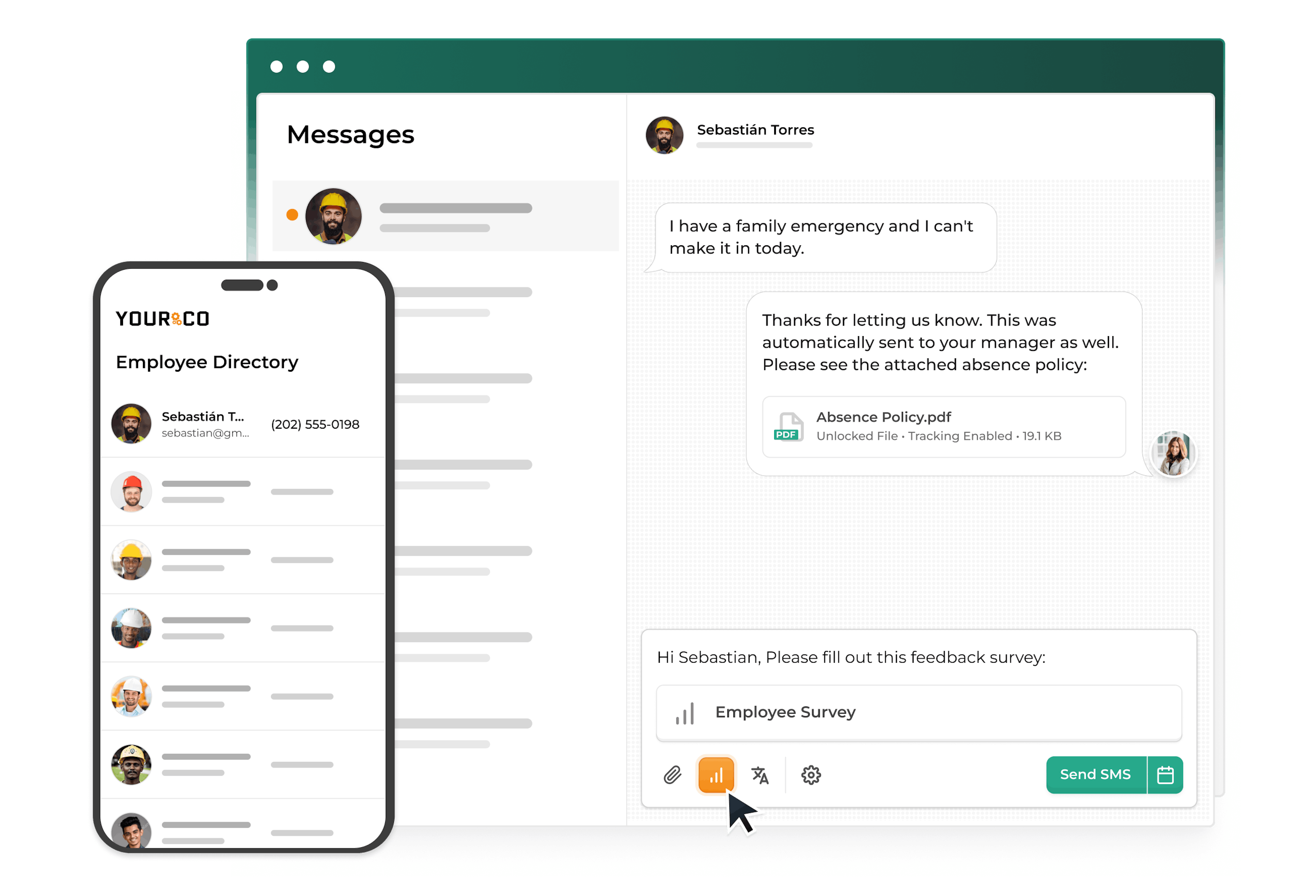 Yourco showing a mobile Employee Directory and an SMS chat where a manager shares the absence policy and sends an Employee Survey.