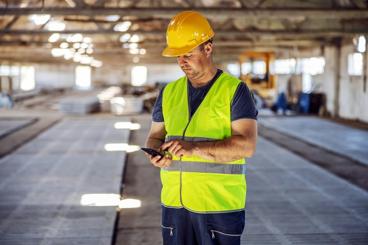 man at the construction site looking at the phone and typing