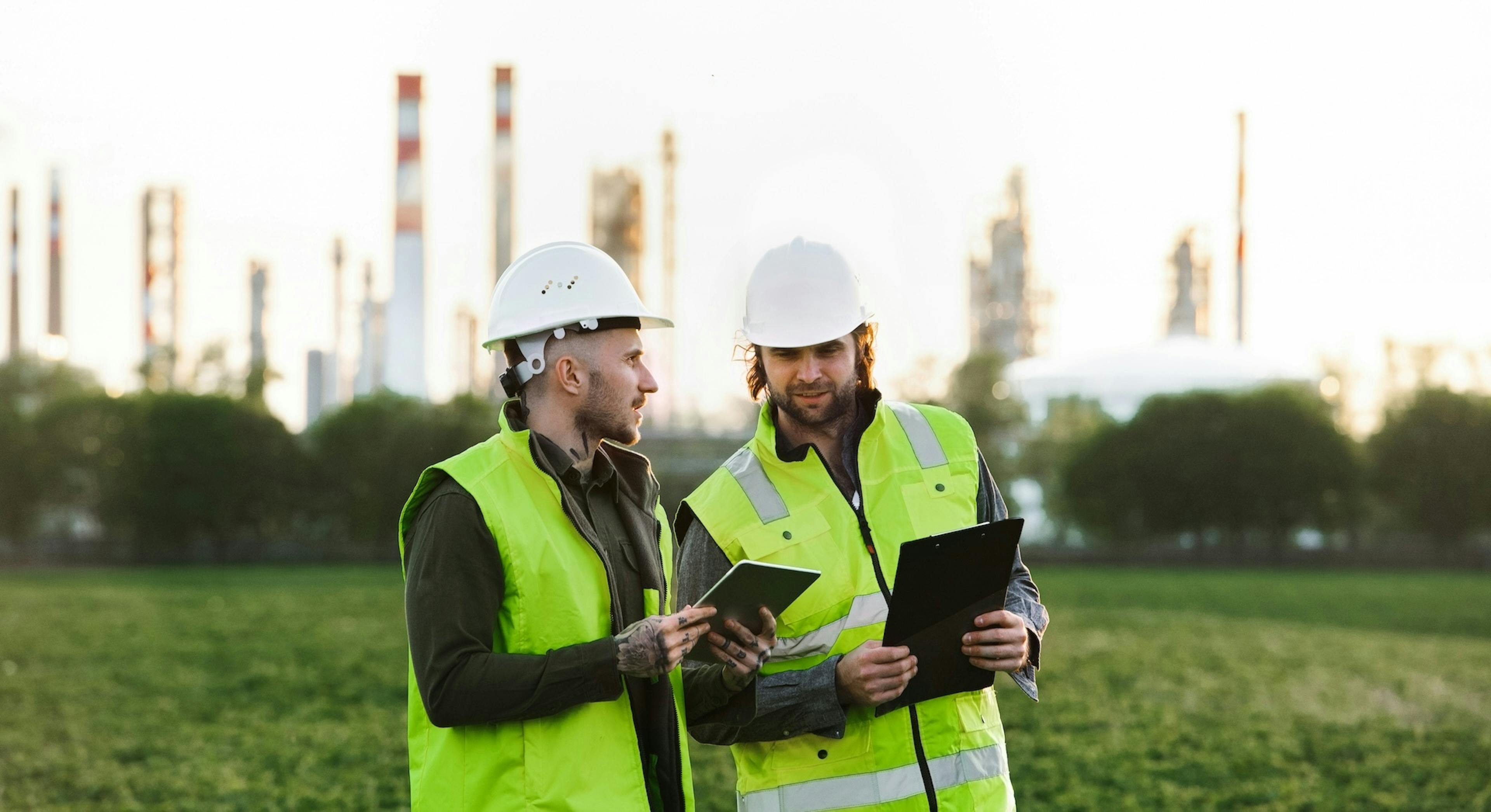 two workers, one holding a tablet, and other one a notebook