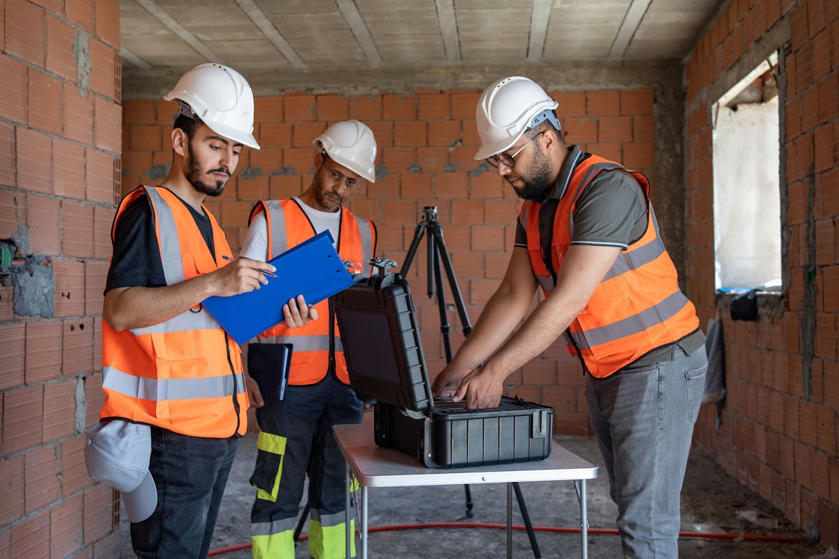 three workers preparing for a construction project