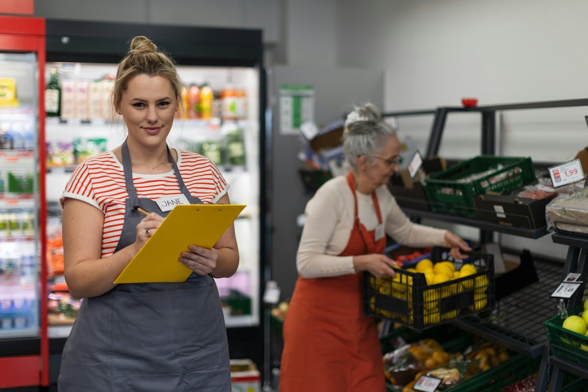 A retail worker wearing a name tag writing in a notebook
