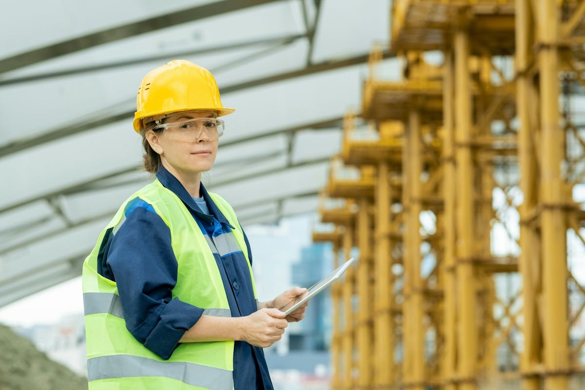 worker with a helmet and protective glasses holding a tablet