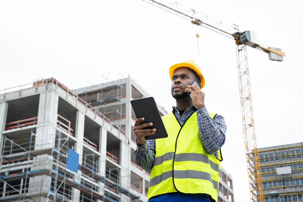 man in construction vest and hat holding tablet and on phone